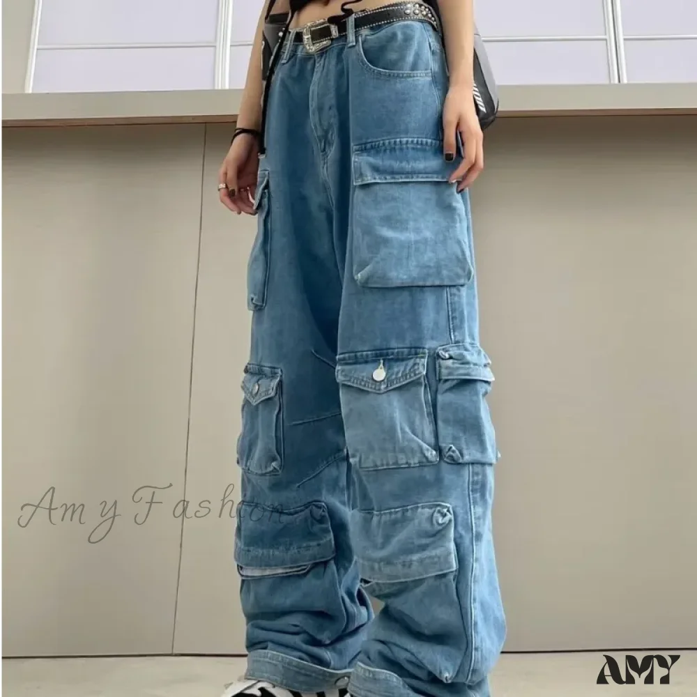 Amy Fashion - Streetwear Loose Oversized Straight-Leg Multi-Pocket Washed Cargo New Heavy Industry Y2K Vintage Jean - Image 6