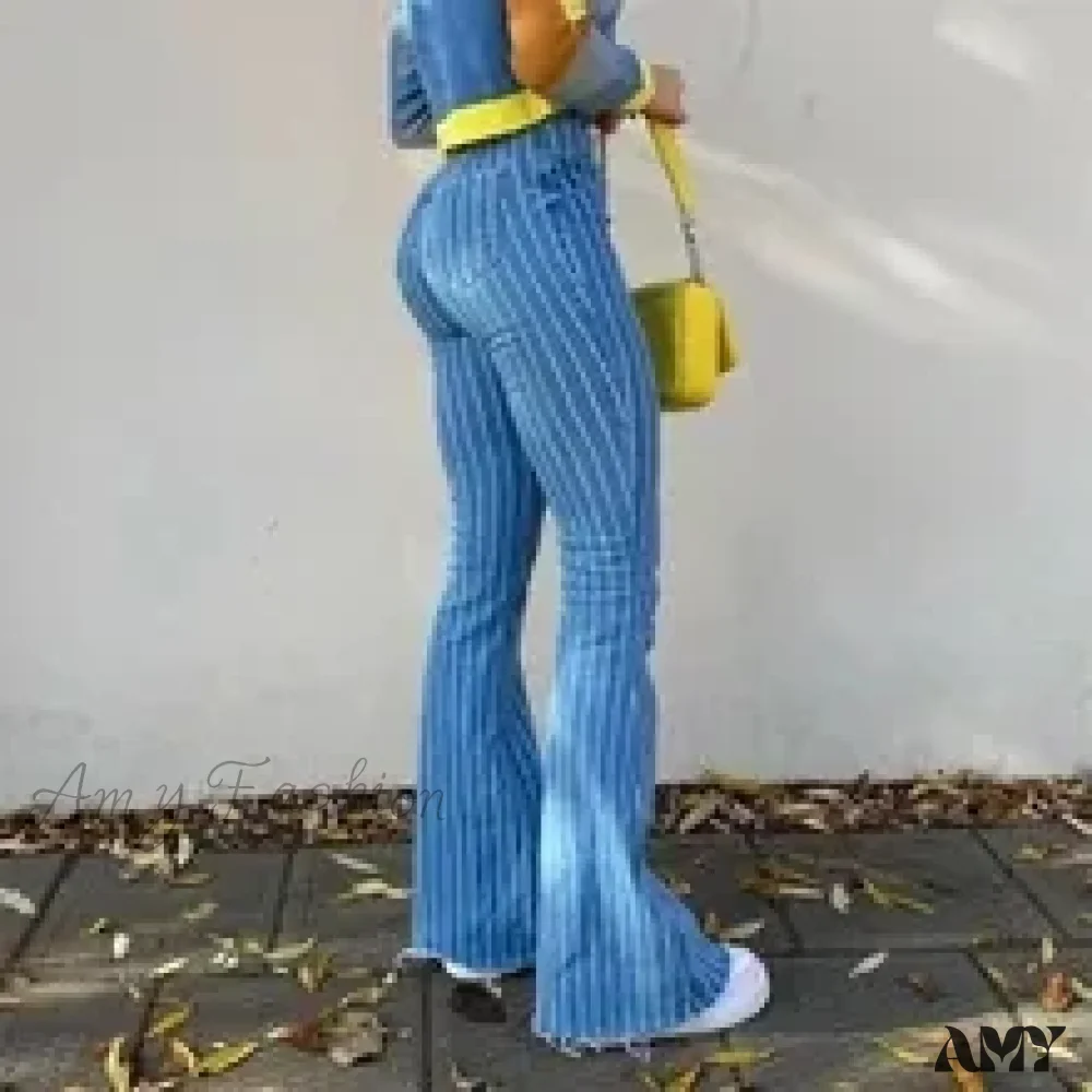 Amy Fashion - Stretch Women Flare Lady Vintage Blue Striped Plaid Hips Wrap High Waist Lady Streetwear Y2K Punk Denim Jean - Image 2