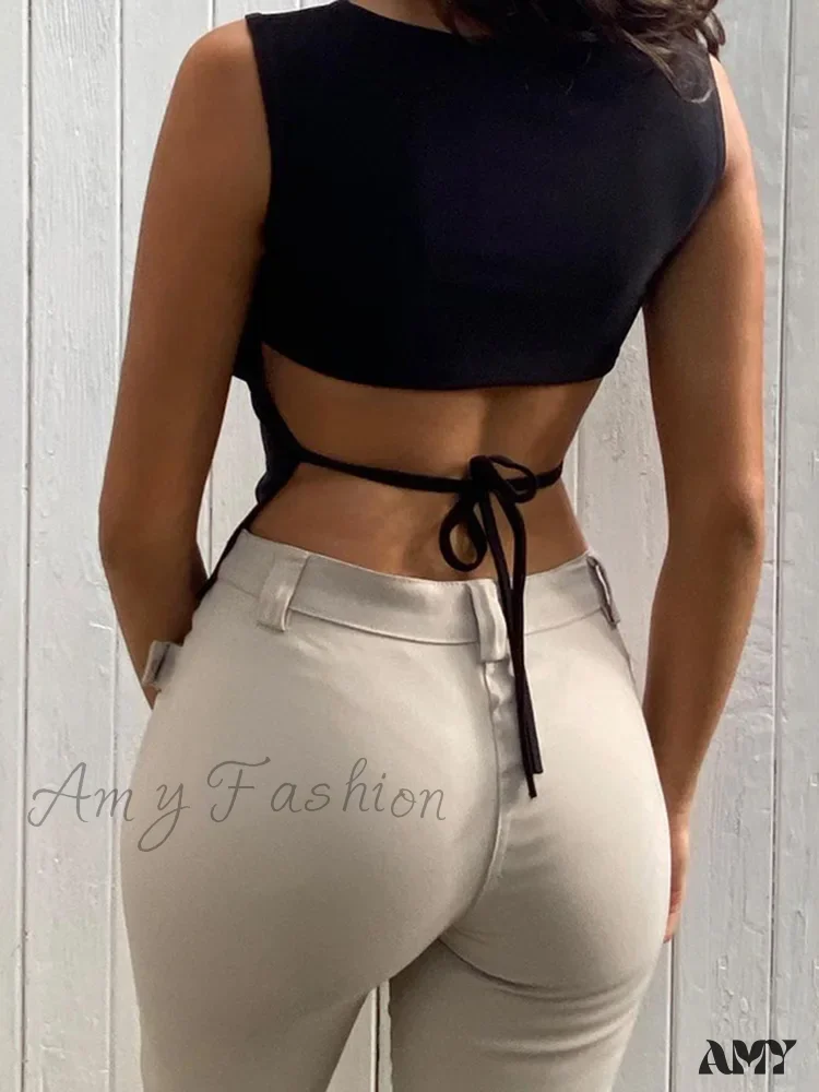 AMY - Tied Backless Slim Sleeveless Sexy Mock Neck Crop Top - Image 2