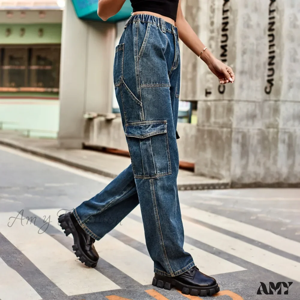 Amy Fashion - Vintage Streetwear High Waist Women American Fashion Blue Wide Leg Trouser Female Baggy Straight Denim Jean - Image 3