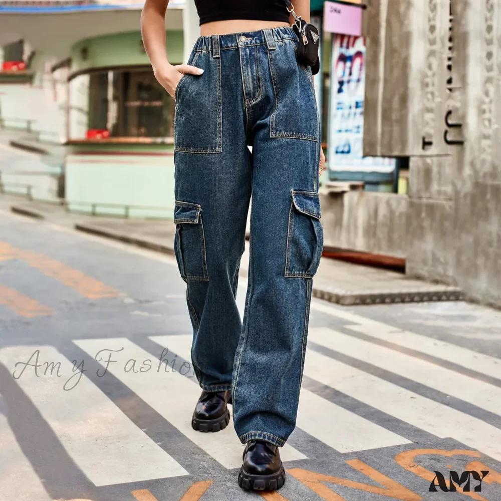 Amy Fashion - Vintage Streetwear High Waist Women American Fashion Blue Wide Leg Trouser Female Baggy Straight Denim Jean - Image 4