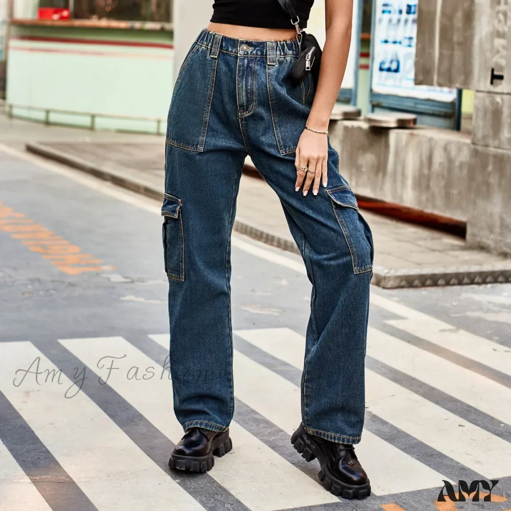Amy Fashion - Vintage Streetwear High Waist Women American Fashion Blue Wide Leg Trouser Female Baggy Straight Denim Jean - Image 5