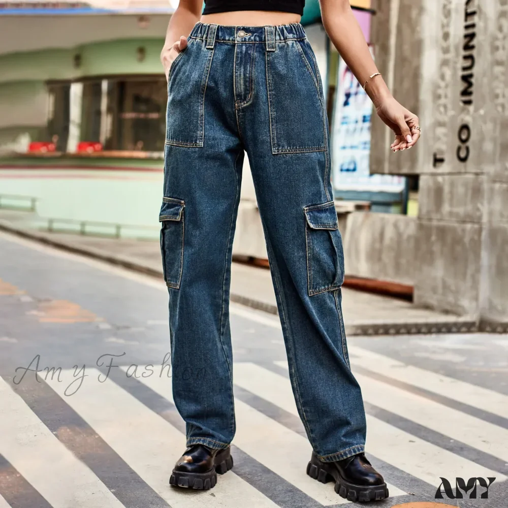 Amy Fashion - Vintage Streetwear High Waist Women American Fashion Blue Wide Leg Trouser Female Baggy Straight Denim Jean - Image 6