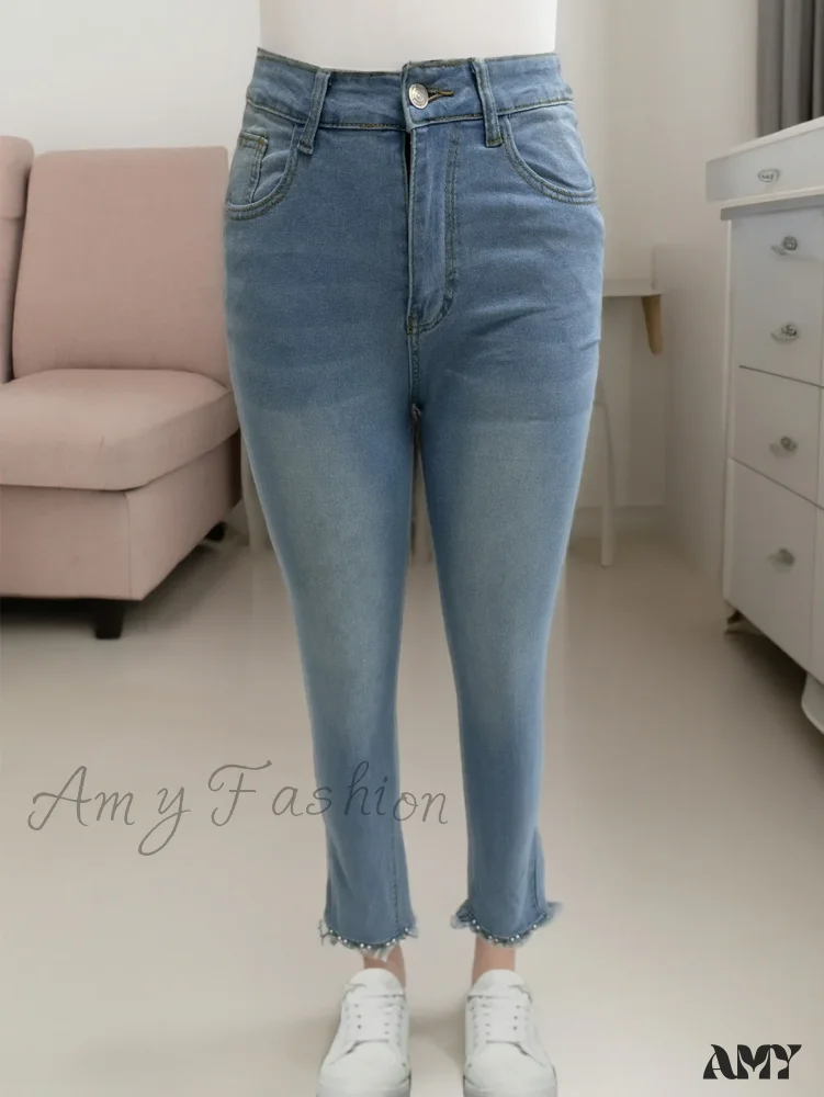 Amy Fashion - Women's Blue High-Stretch Skinny with Faux Pearl Decor and Slim Fit - Stylish and Comfortable Denim Jean - Image 4