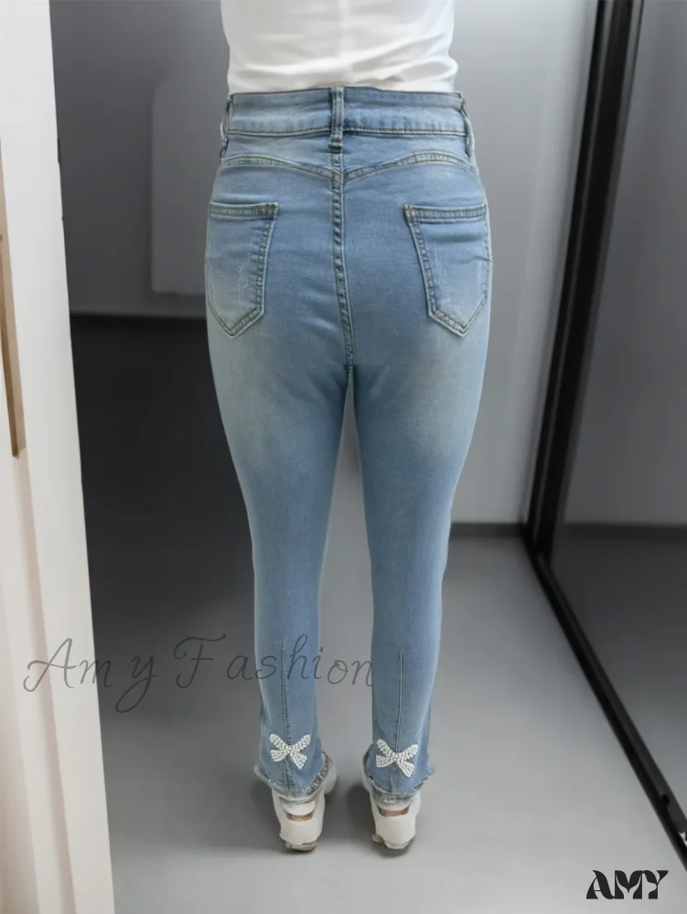 Amy Fashion - Women's Blue High-Stretch Skinny with Faux Pearl Decor and Slim Fit - Stylish and Comfortable Denim Jean - Image 5
