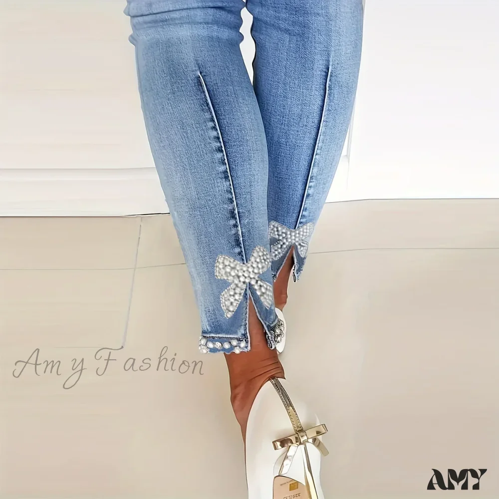 Amy Fashion - Women's Blue High-Stretch Skinny with Faux Pearl Decor and Slim Fit - Stylish and Comfortable Denim Jean - Image 6