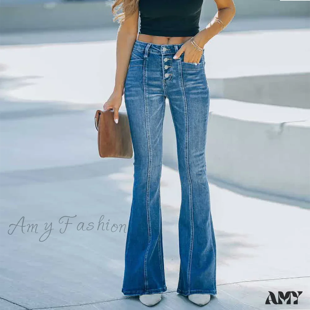Amy Fashion - Women's Flared Patchwork Vintage Fashion Stretch High Waist Casual Slim Streetwear Wide Leg Flare Jean - Image 2