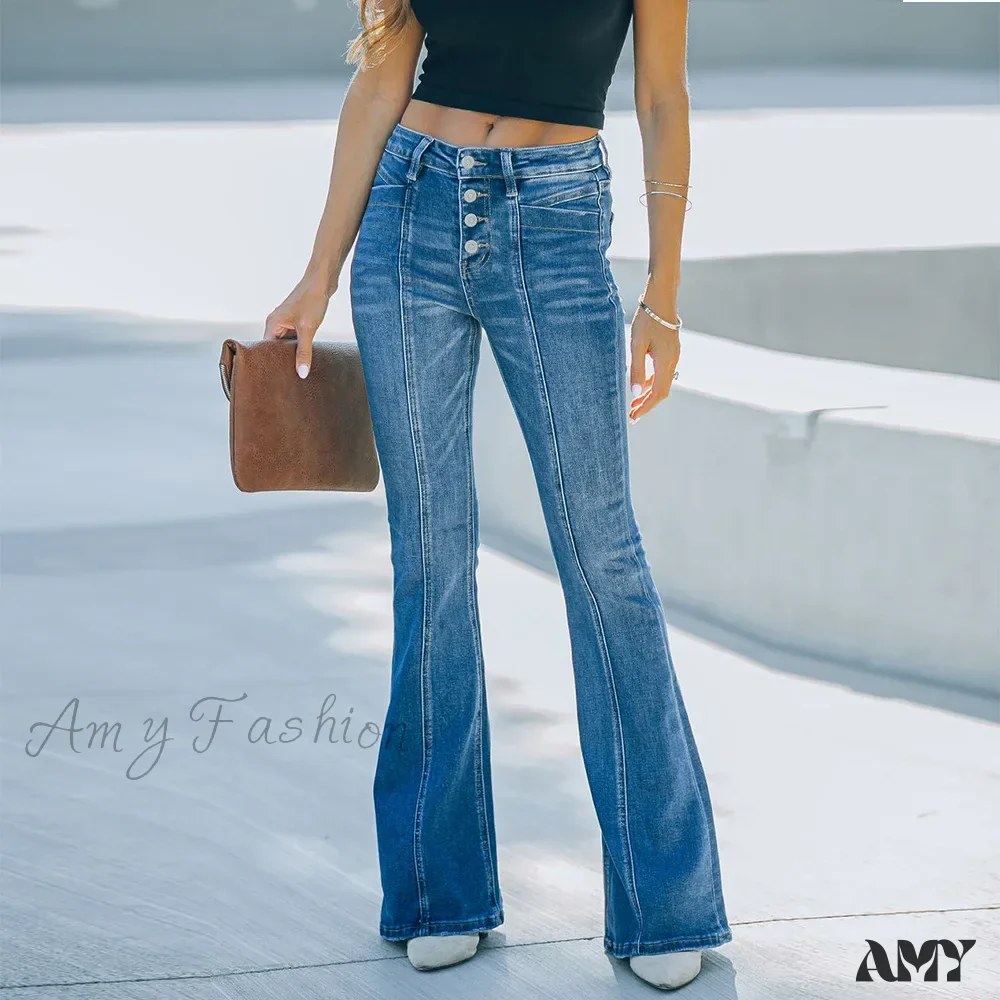 Amy Fashion - Women's Flared Patchwork Vintage Fashion Stretch High Waist Casual Slim Streetwear Wide Leg Flare Jean - Image 3