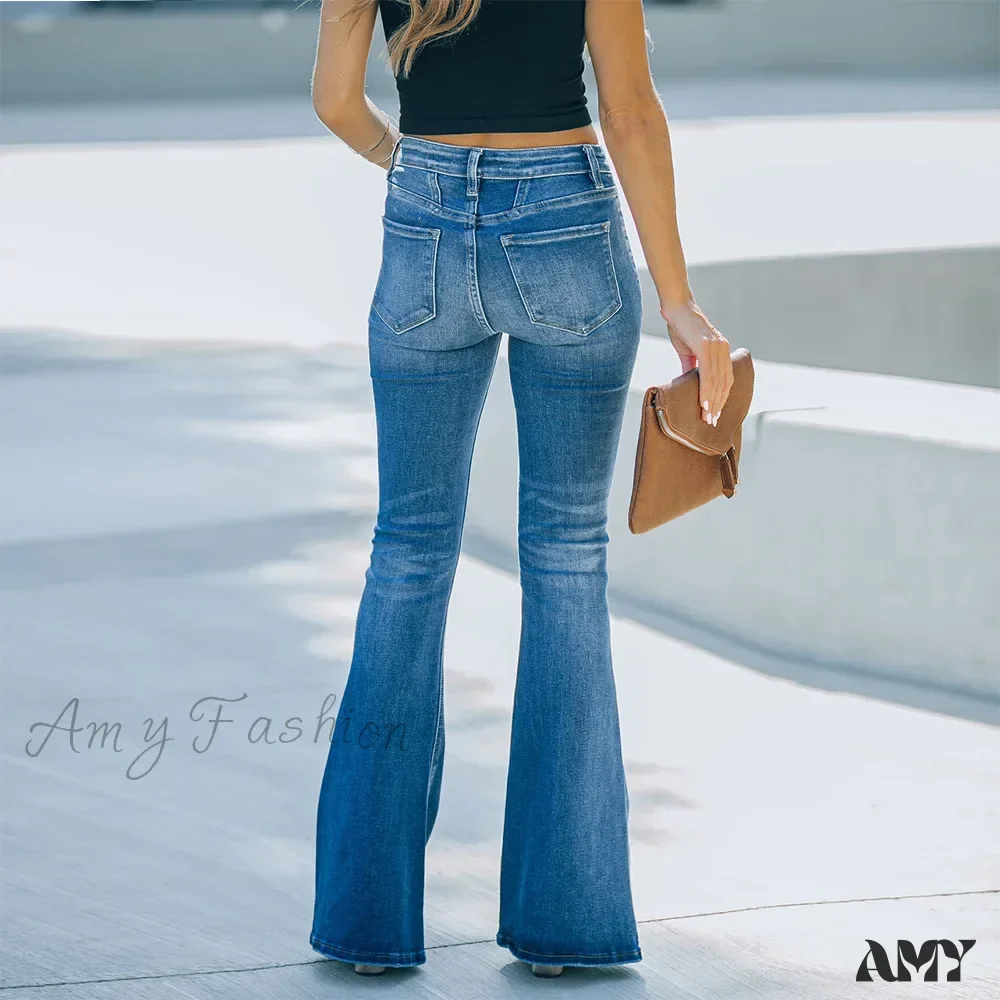 Amy Fashion - Women's Flared Patchwork Vintage Fashion Stretch High Waist Casual Slim Streetwear Wide Leg Flare Jean - Image 4