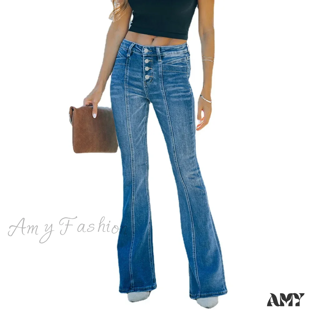 Amy Fashion - Women's Flared Patchwork Vintage Fashion Stretch High Waist Casual Slim Streetwear Wide Leg Flare Jean - Image 5