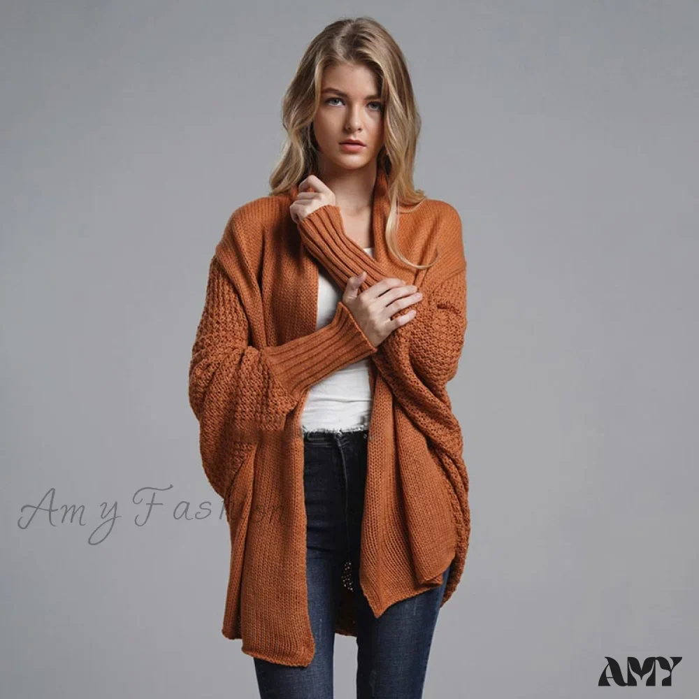 Amy Fashion - Oversized Sweater Knitted Patchwork Batwing Sleeves Cardigan - Image 12