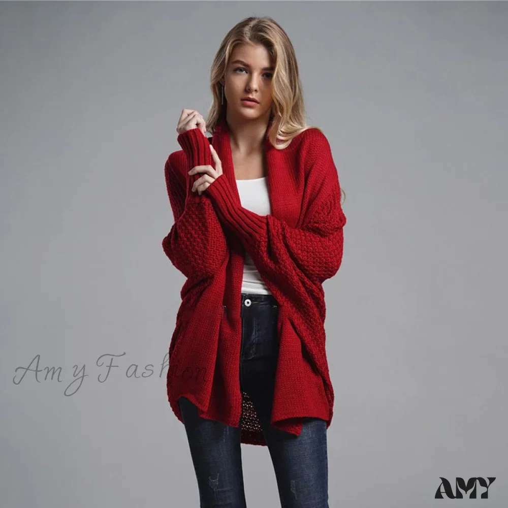 Amy Fashion - Oversized Sweater Knitted Patchwork Batwing Sleeves Cardigan - Image 13