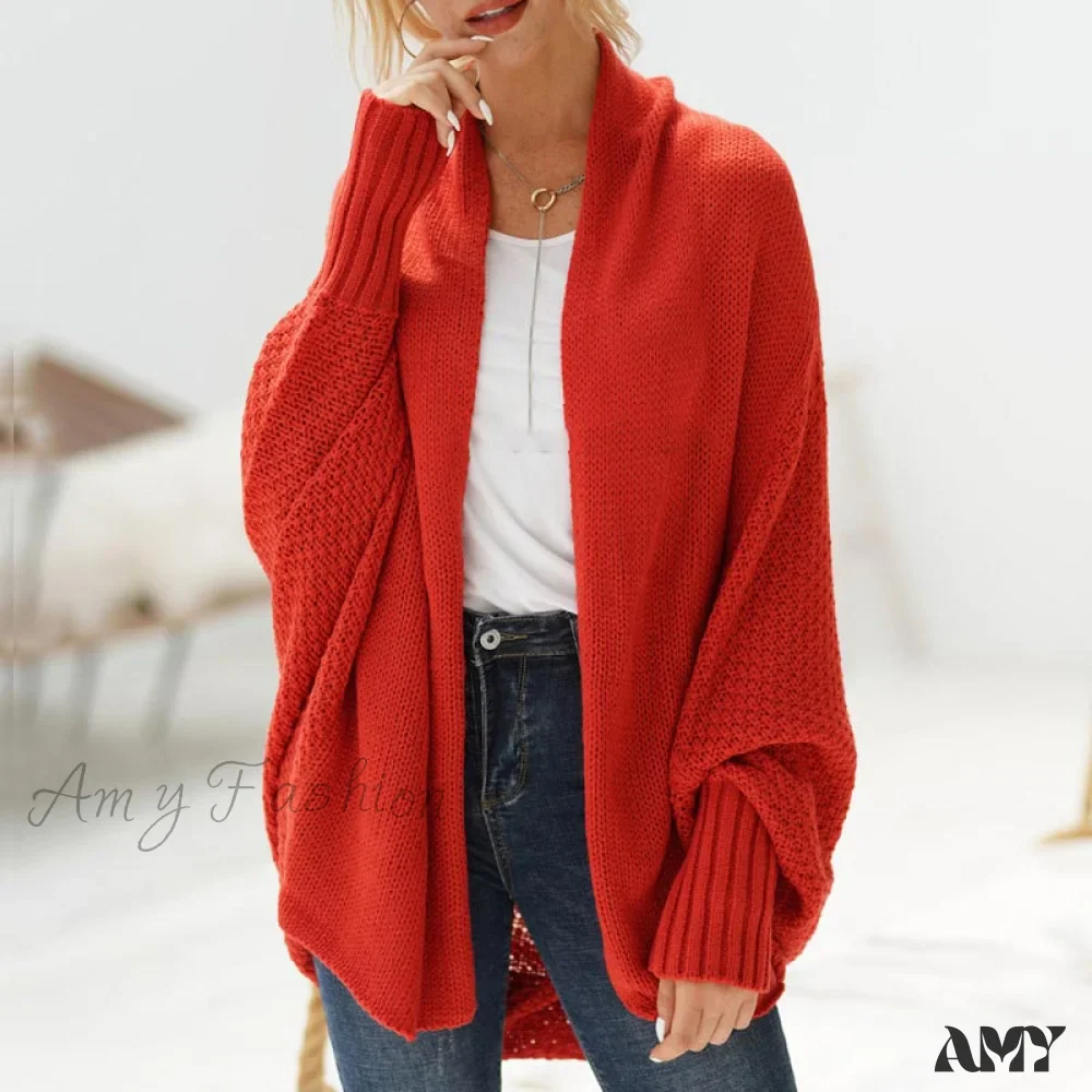 Amy Fashion - Oversized Sweater Knitted Patchwork Batwing Sleeves Cardigan - Image 14