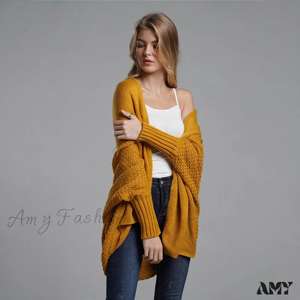 Amy Fashion - Oversized Sweater Knitted Patchwork Batwing Sleeves Cardigan - Image 5