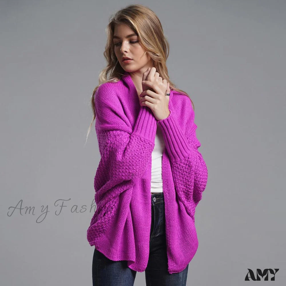 Amy Fashion - Oversized Sweater Knitted Patchwork Batwing Sleeves Cardigan - Image 6