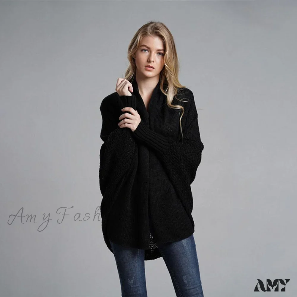 Amy Fashion - Oversized Sweater Knitted Patchwork Batwing Sleeves Cardigan - Image 8