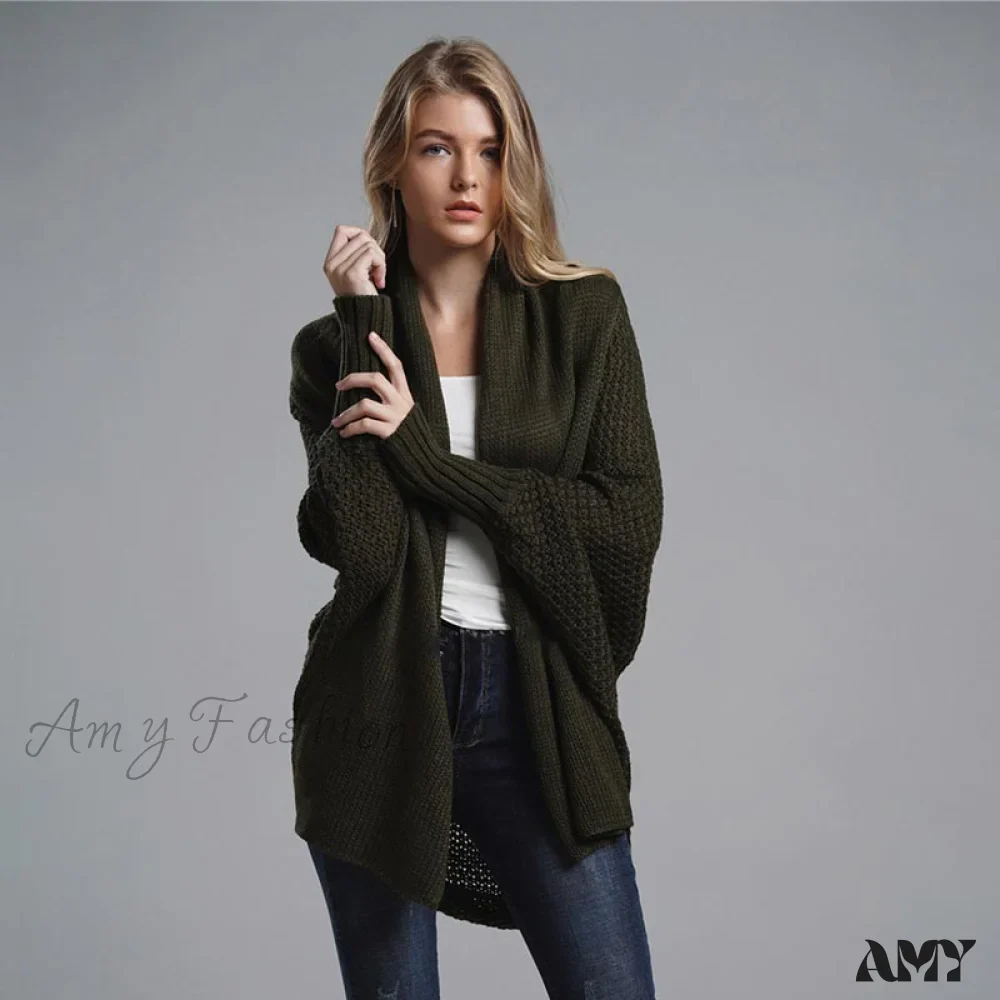 Amy Fashion - Oversized Sweater Knitted Patchwork Batwing Sleeves Cardigan - Image 9