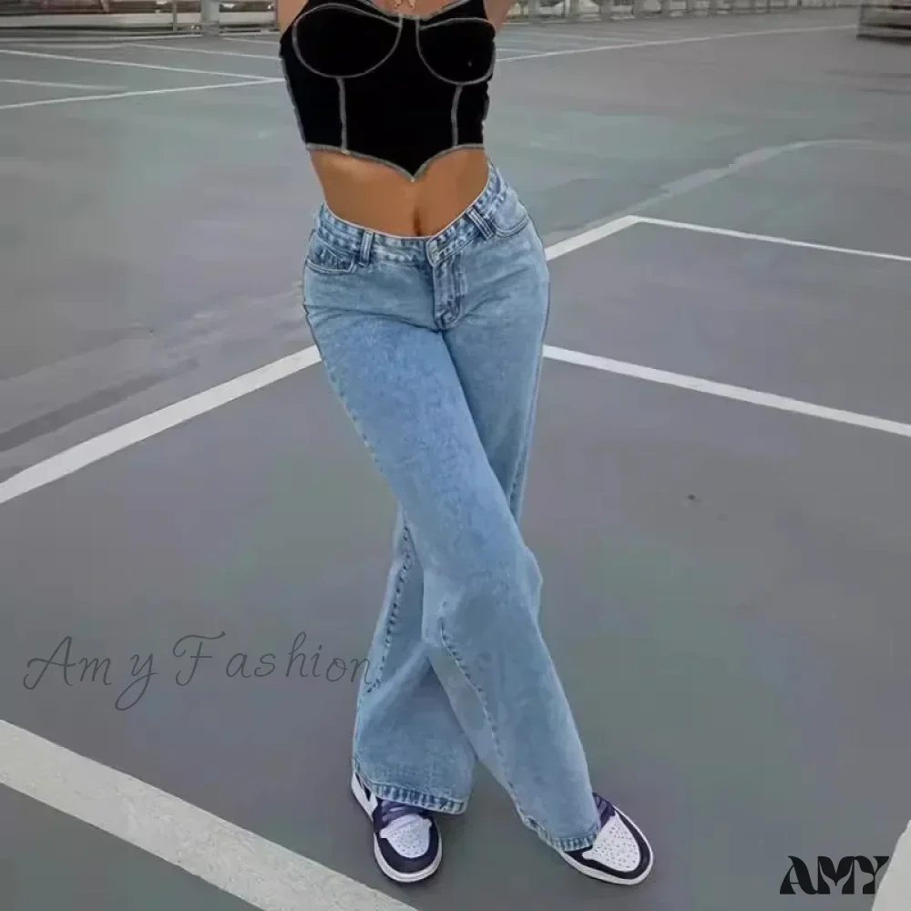 Ankle Length Wide Leg Washed High Waist Denim Solid Pockets Zipper Fly Casual Loose Jean - Image 2