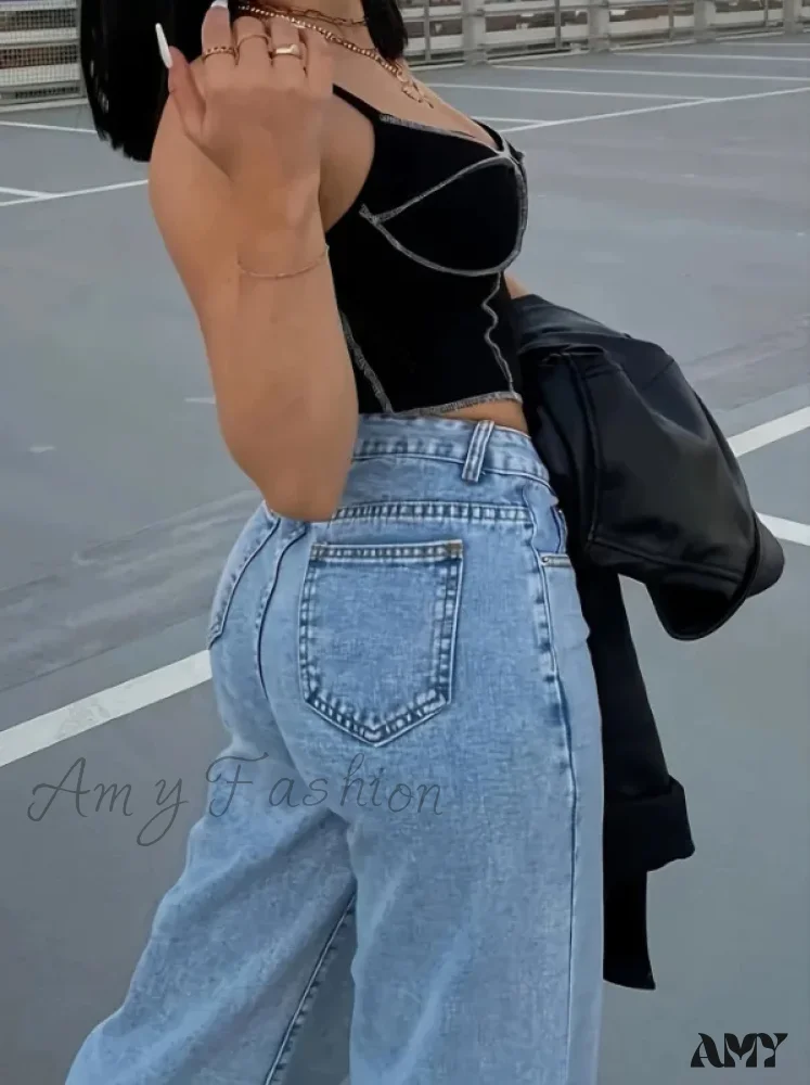 Ankle Length Wide Leg Washed High Waist Denim Solid Pockets Zipper Fly Casual Loose Jean - Image 4