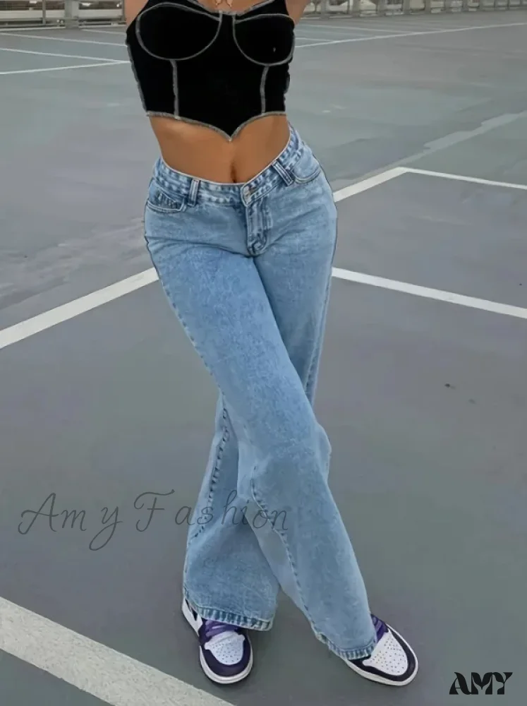 Ankle Length Wide Leg Washed High Waist Denim Solid Pockets Zipper Fly Casual Loose Jean - Image 5