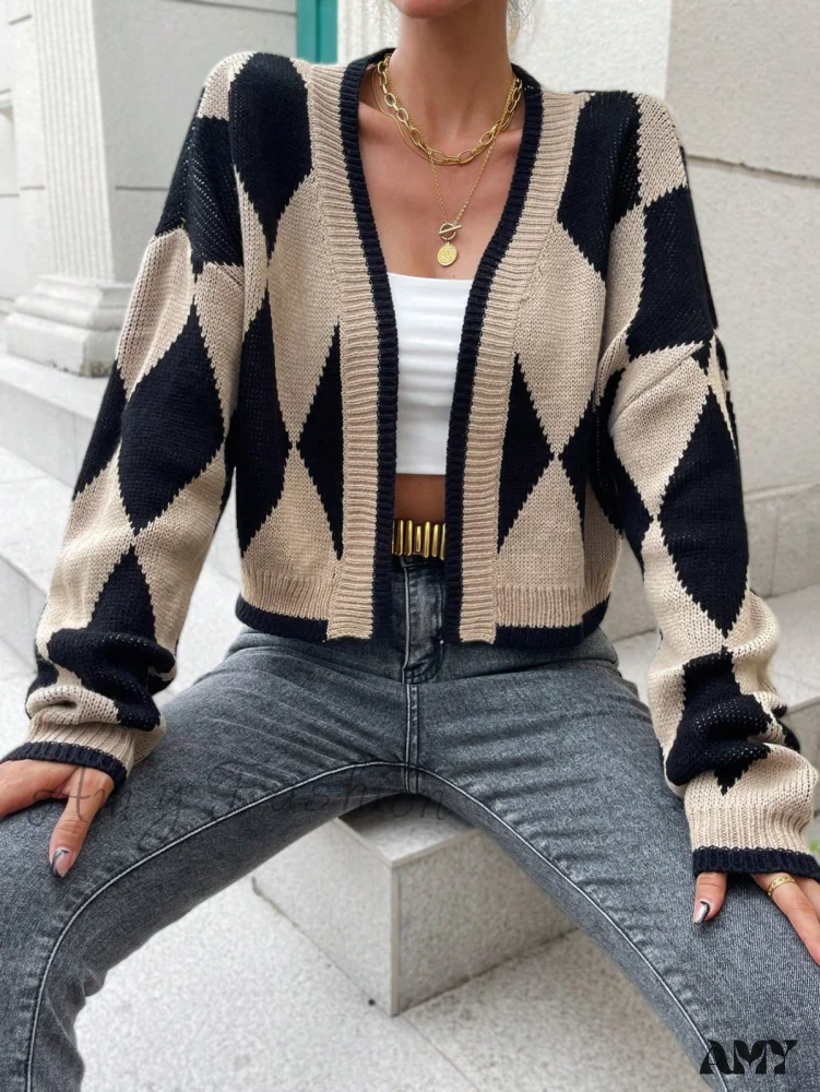 Amy Fashion - Argyle Pattern Drop Shoulder Duster Cardigan - Image 6