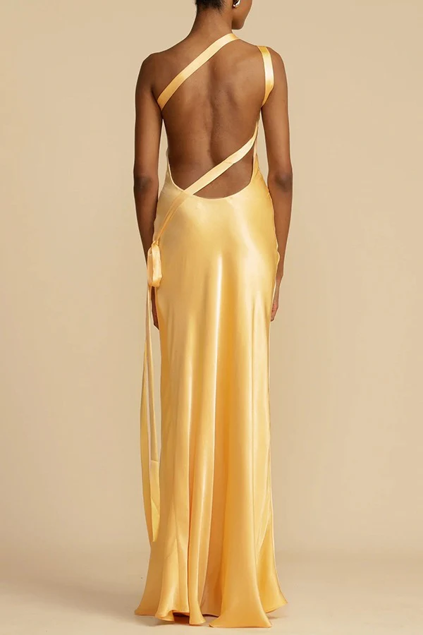 Asymmetrical Shoulder Slim Satin Party Dress - Image 2