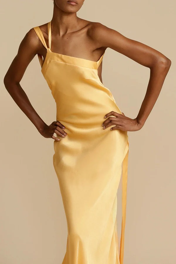 Asymmetrical Shoulder Slim Satin Party Dress - Image 3