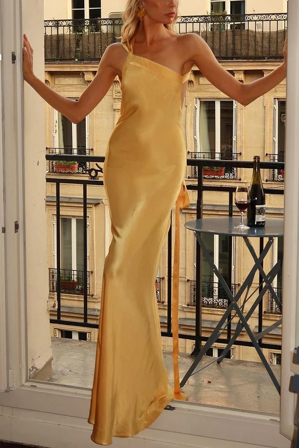 Asymmetrical Shoulder Slim Satin Party Dress - Image 4