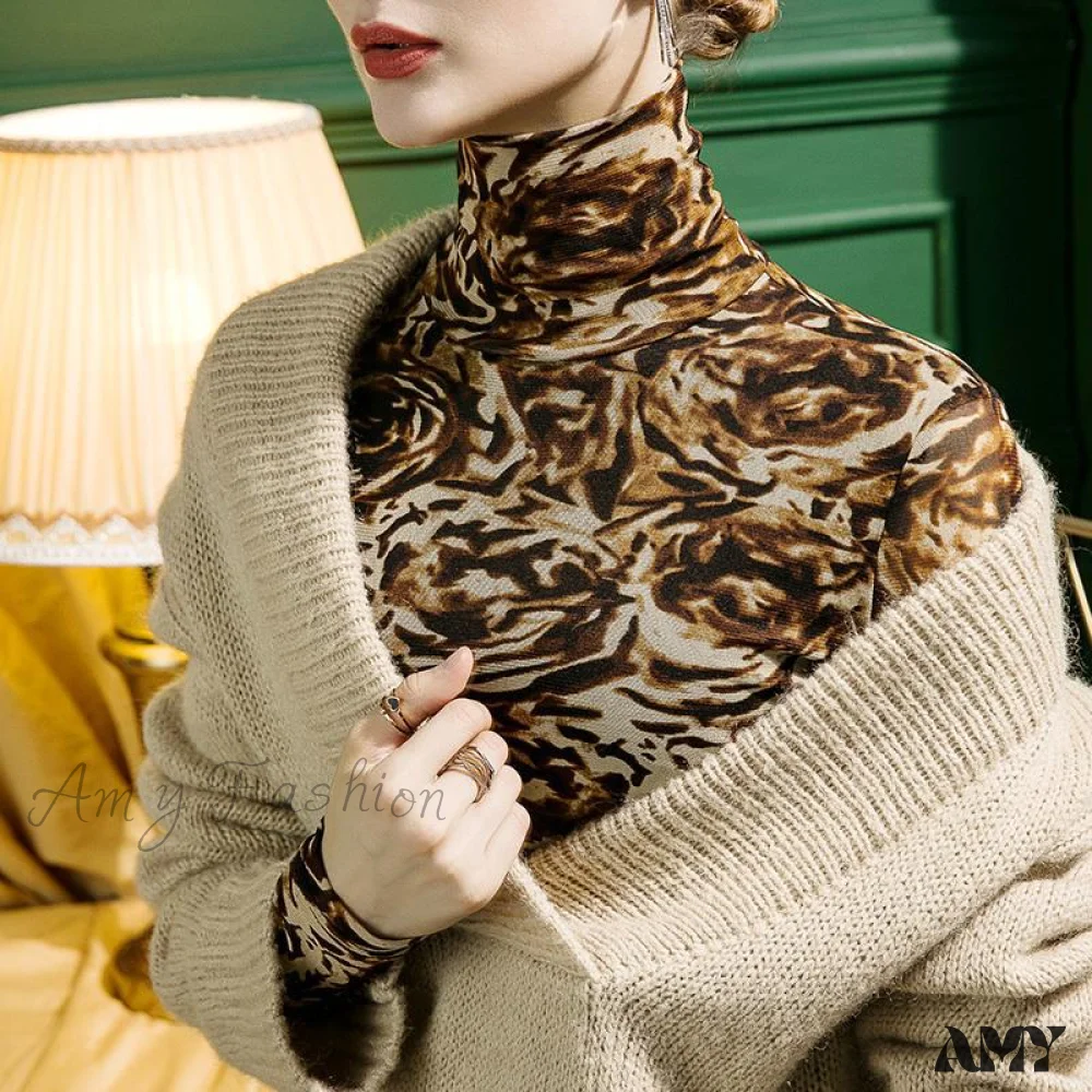 Amy Fashion - High-neck Leopard Print Mesh T-shirt - Image 4