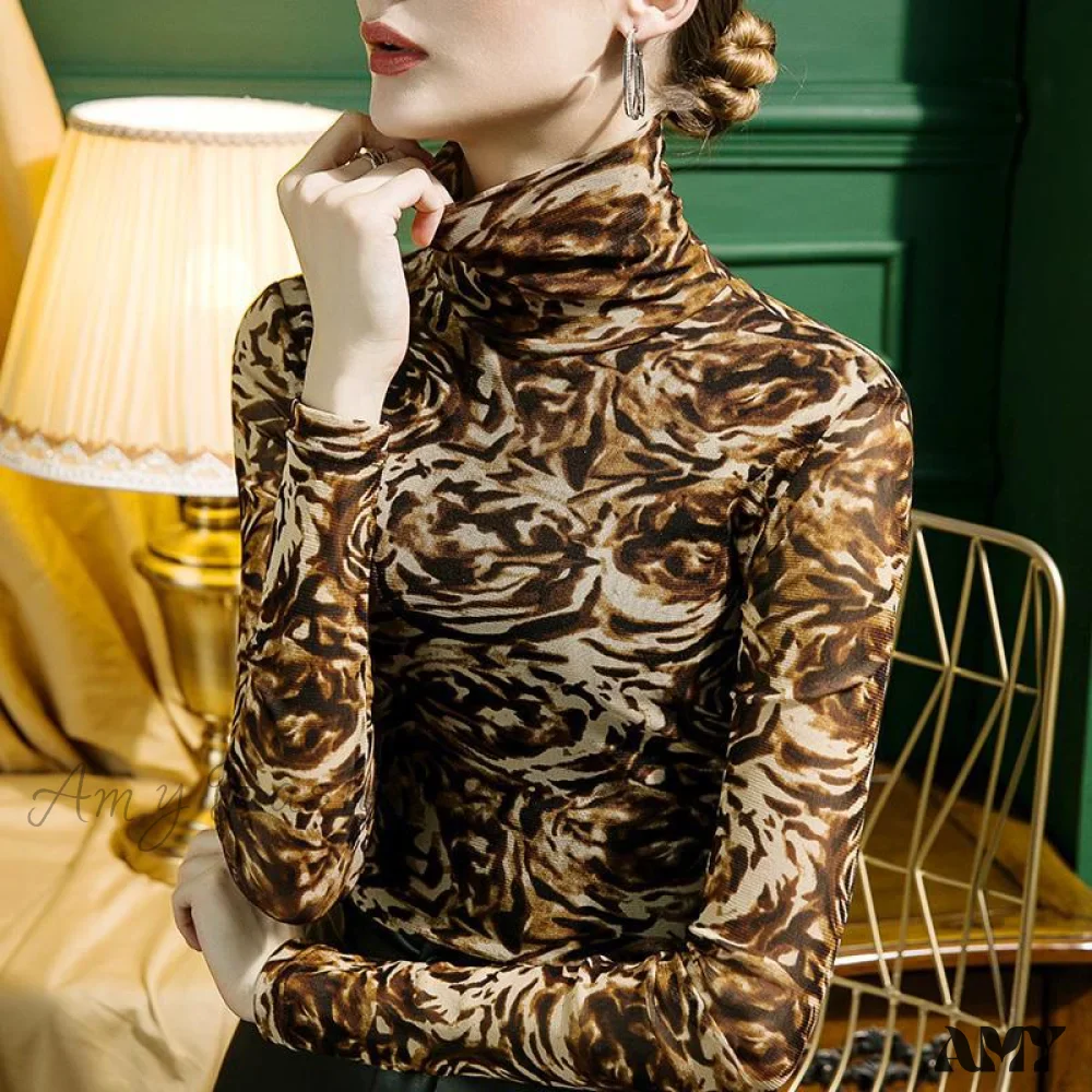 Amy Fashion - High-neck Leopard Print Mesh T-shirt - Image 5