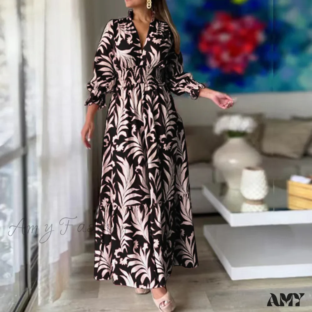 Amy Fashion - Autumn Floral Print Long Sleeve Boho Dress - Image 6