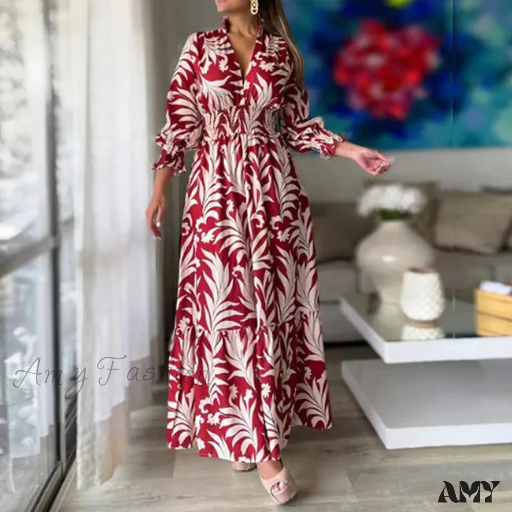 Amy Fashion - Autumn Floral Print Long Sleeve Boho Dress - Image 9