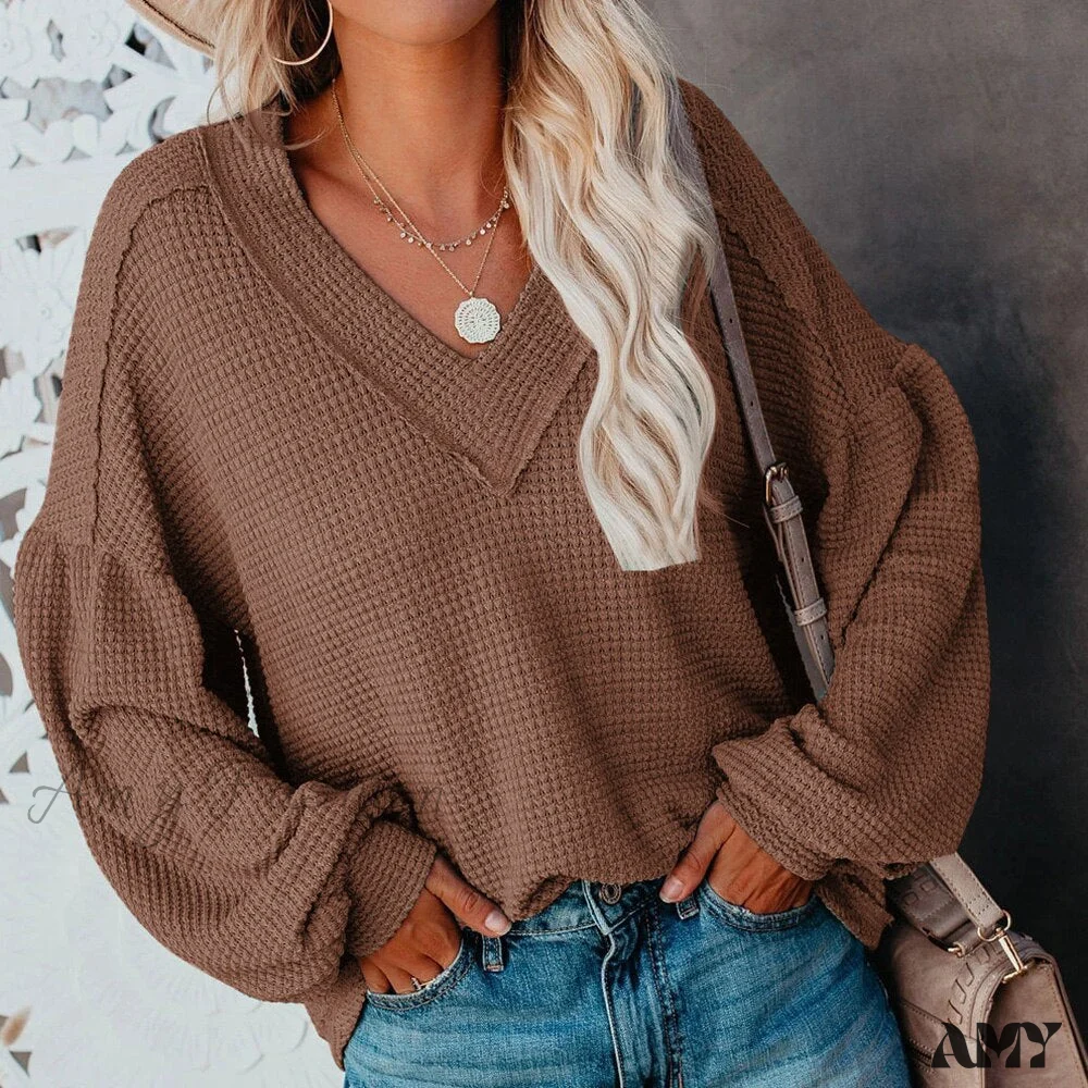 Amy Fashion - Autumn Knit V-Neck Long Lantern Sleeve Casual Sweater - Image 10