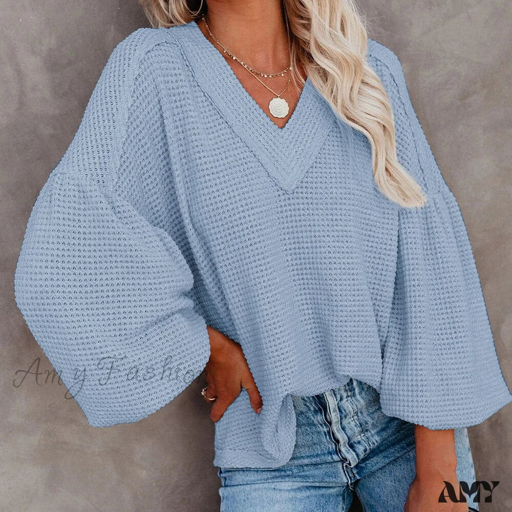 Amy Fashion - Autumn Knit V-Neck Long Lantern Sleeve Casual Sweater - Image 11