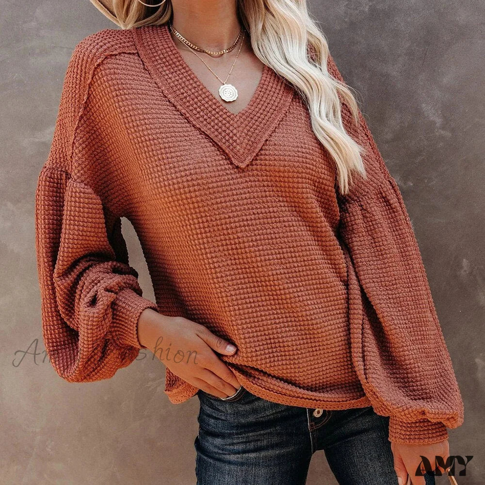 Amy Fashion - Autumn Knit V-Neck Long Lantern Sleeve Casual Sweater - Image 12