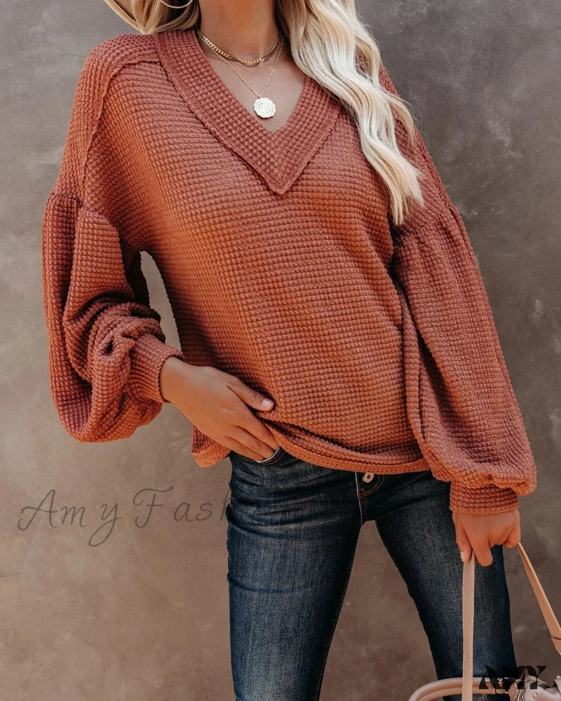 Amy Fashion - Autumn Knit V-Neck Long Lantern Sleeve Casual Sweater - Image 16