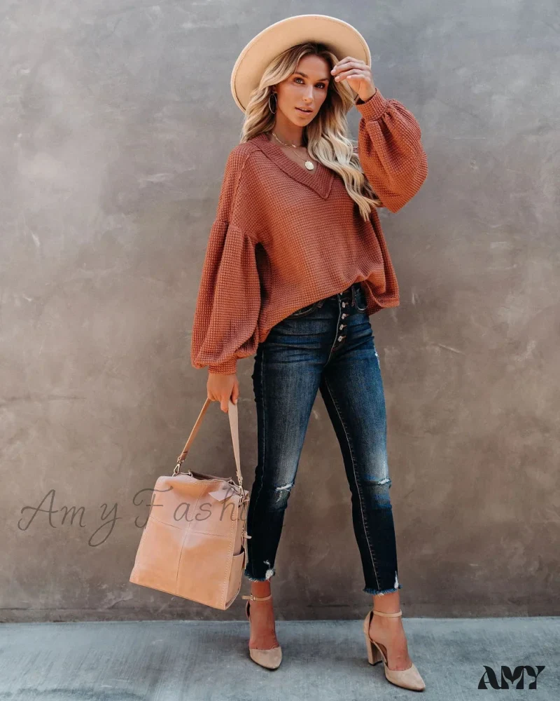Amy Fashion - Autumn Knit V-Neck Long Lantern Sleeve Casual Sweater - Image 18