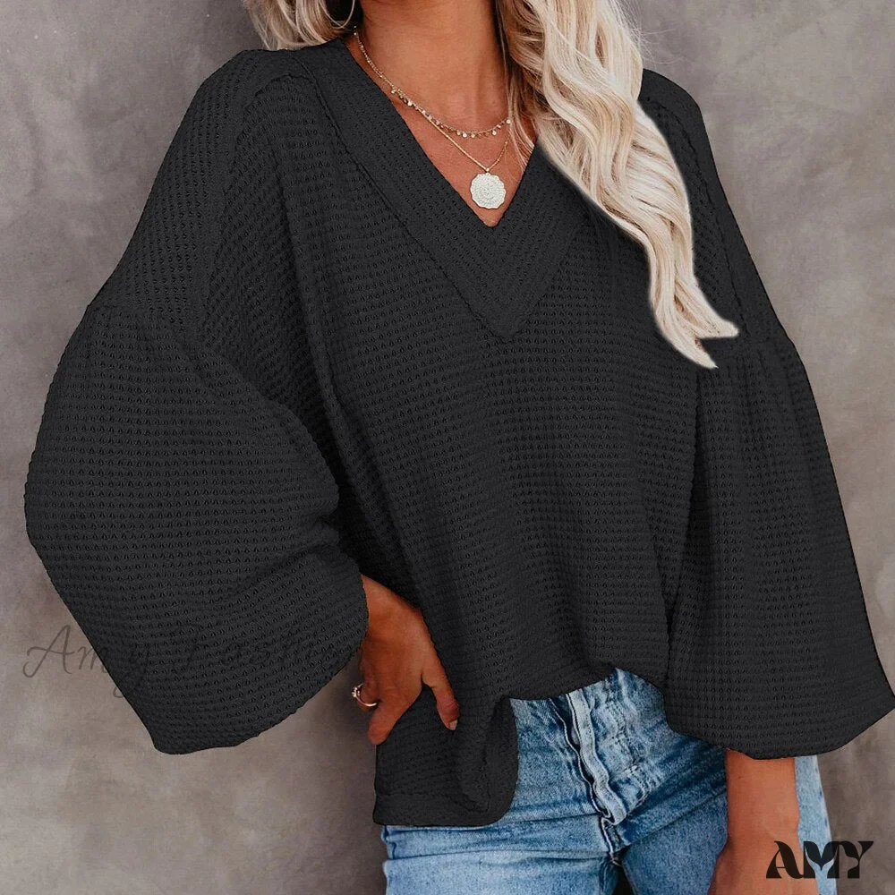 Amy Fashion - Autumn Knit V-Neck Long Lantern Sleeve Casual Sweater - Image 2