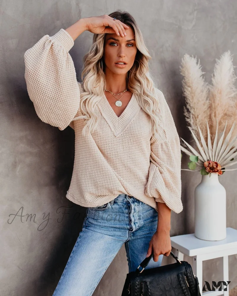 Amy Fashion - Autumn Knit V-Neck Long Lantern Sleeve Casual Sweater - Image 20