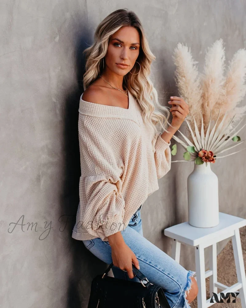 Amy Fashion - Autumn Knit V-Neck Long Lantern Sleeve Casual Sweater - Image 21