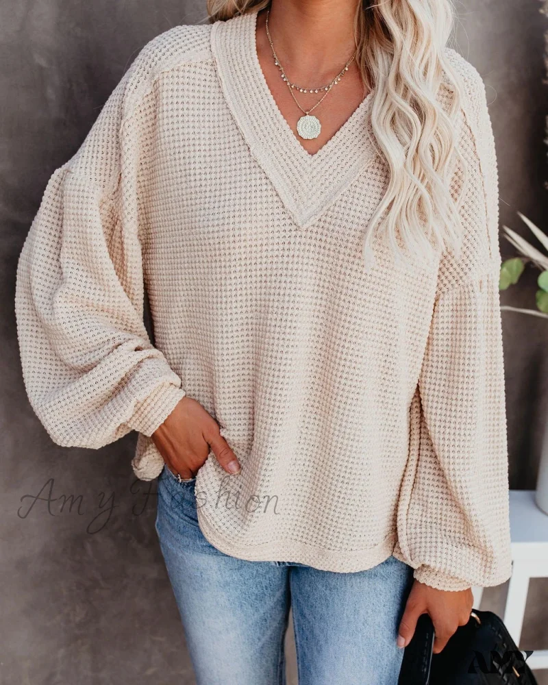 Amy Fashion - Autumn Knit V-Neck Long Lantern Sleeve Casual Sweater - Image 22