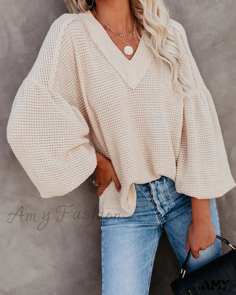Amy Fashion - Autumn Knit V-Neck Long Lantern Sleeve Casual Sweater - Image 23