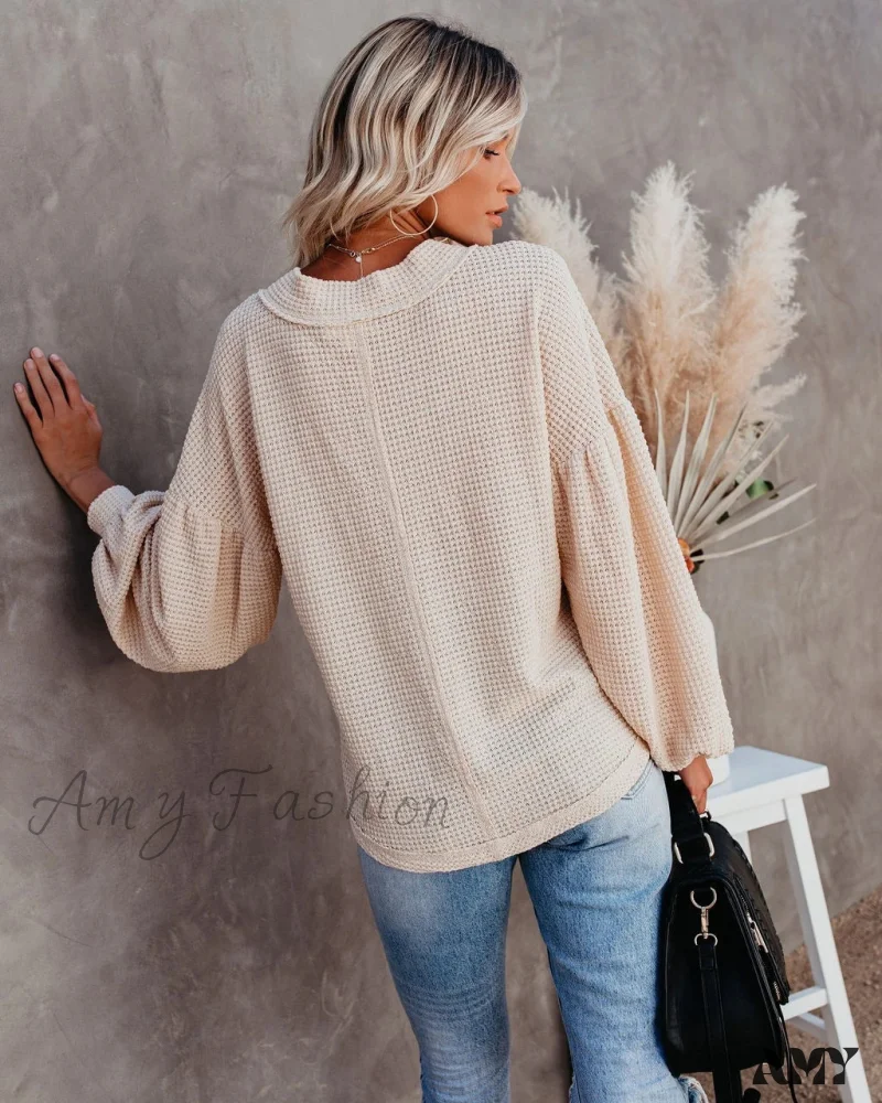 Amy Fashion - Autumn Knit V-Neck Long Lantern Sleeve Casual Sweater - Image 24