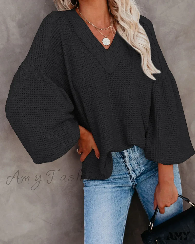 Amy Fashion - Autumn Knit V-Neck Long Lantern Sleeve Casual Sweater - Image 31