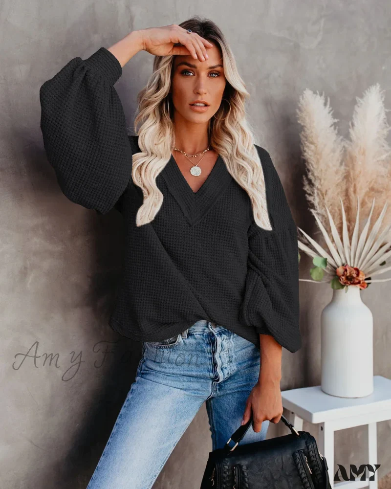 Amy Fashion - Autumn Knit V-Neck Long Lantern Sleeve Casual Sweater - Image 32