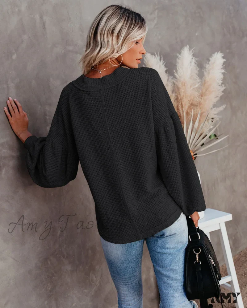Amy Fashion - Autumn Knit V-Neck Long Lantern Sleeve Casual Sweater - Image 33