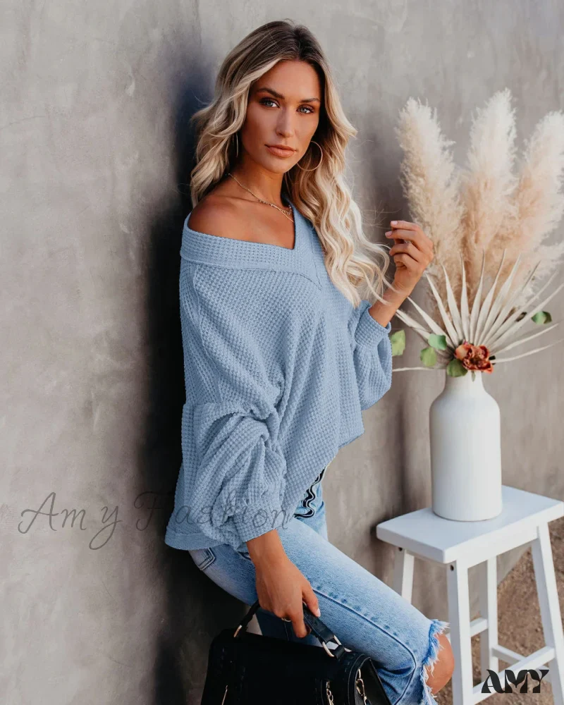 Amy Fashion - Autumn Knit V-Neck Long Lantern Sleeve Casual Sweater - Image 34