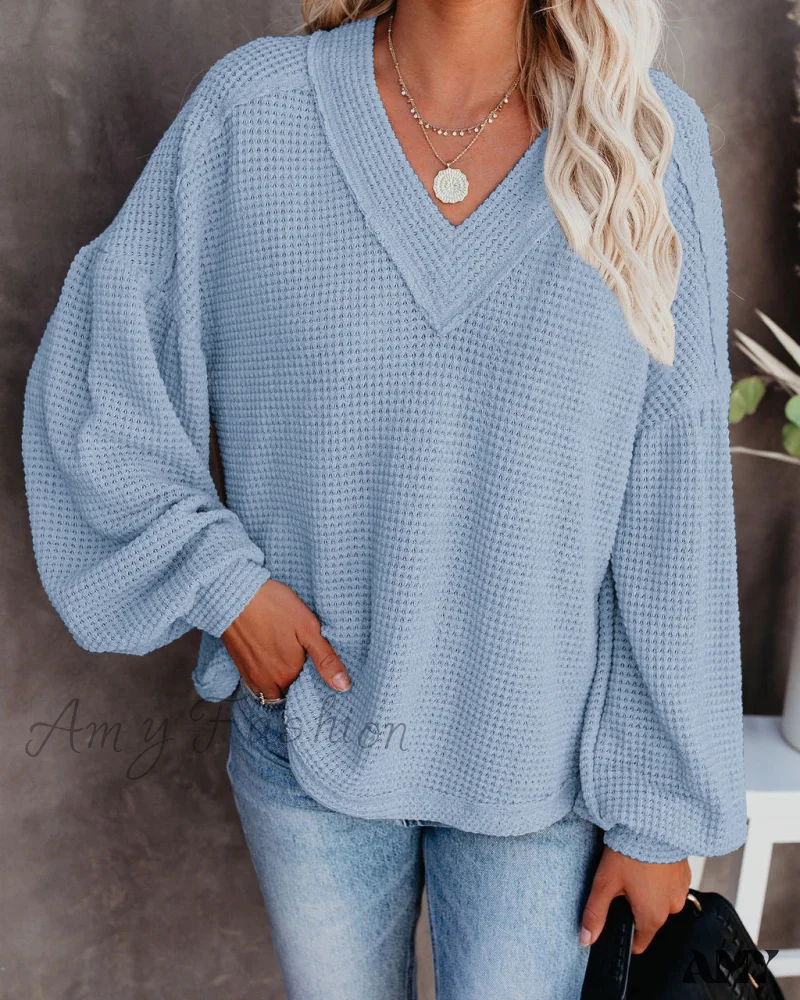 Amy Fashion - Autumn Knit V-Neck Long Lantern Sleeve Casual Sweater - Image 35