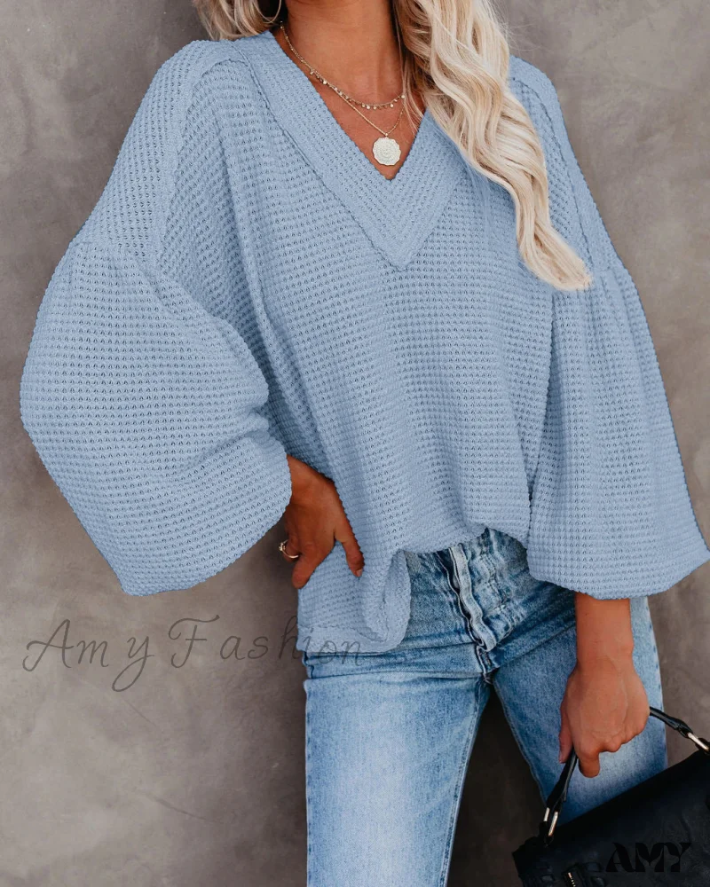 Amy Fashion - Autumn Knit V-Neck Long Lantern Sleeve Casual Sweater - Image 36