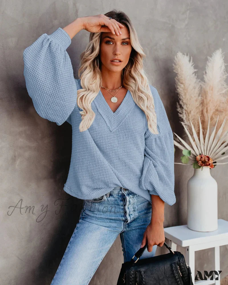 Amy Fashion - Autumn Knit V-Neck Long Lantern Sleeve Casual Sweater - Image 37
